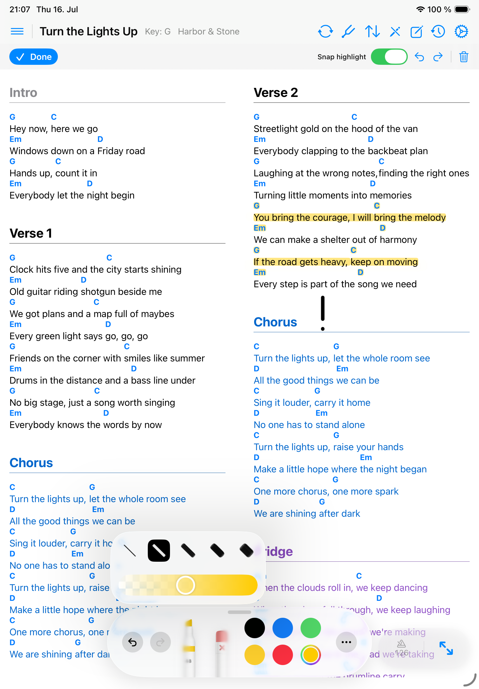 Songivo annotation mode with Snap highlight and PencilKit tools visible
