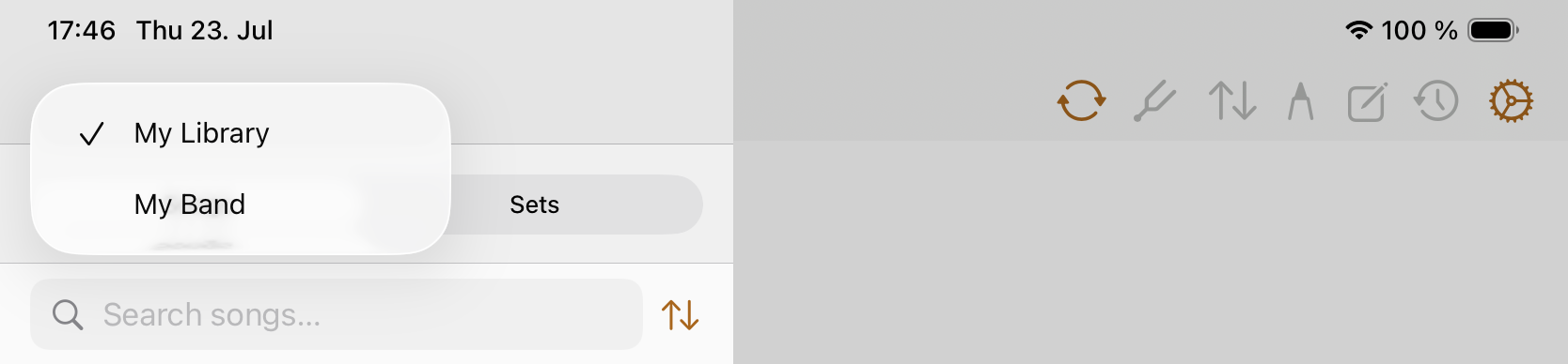 Songivo Settings with sidebar entries for iCloud Sync, Band, Song, Color, Metronome, Purchases, and Documentation