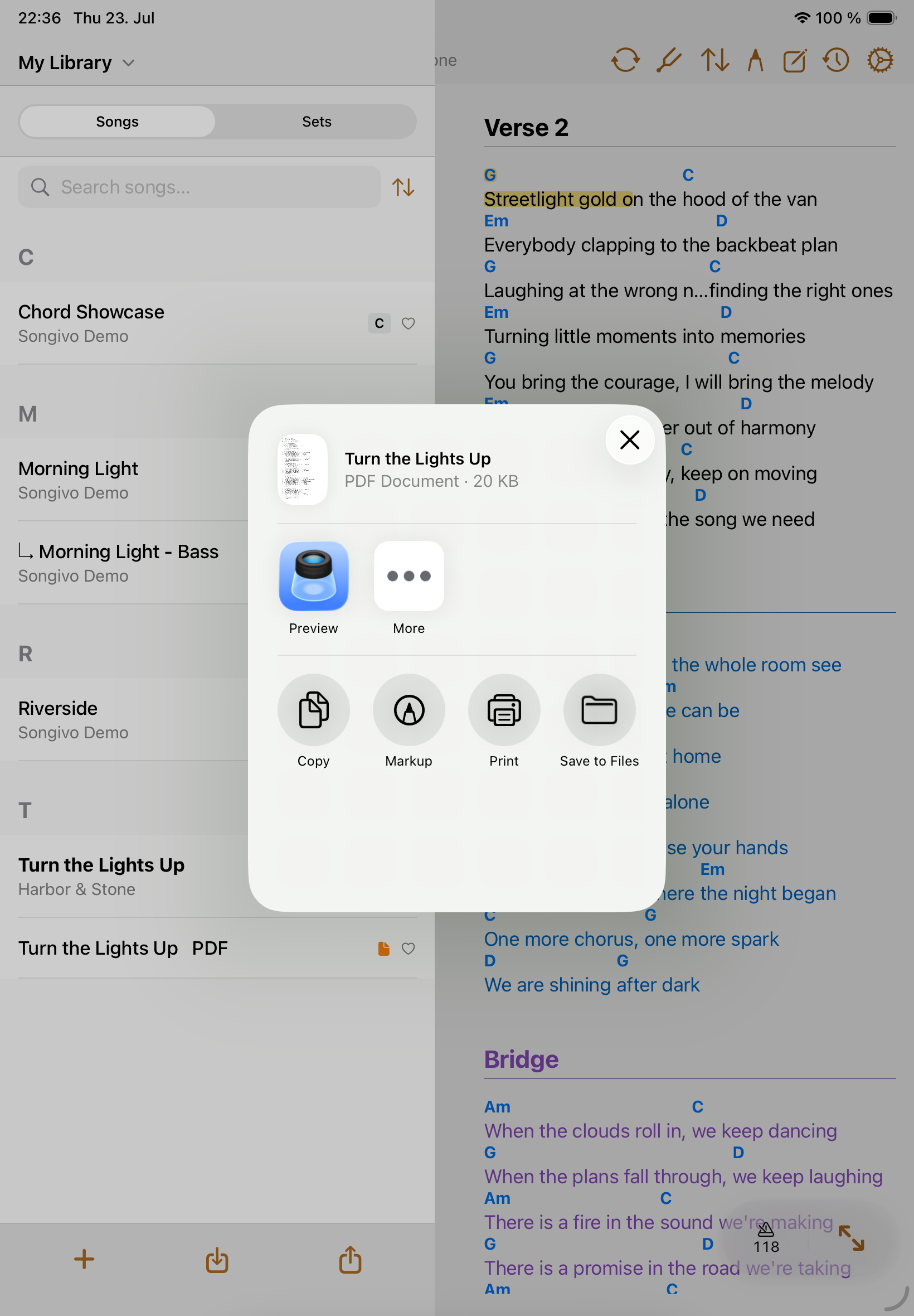 Songivo library panel with export action visible below the song list