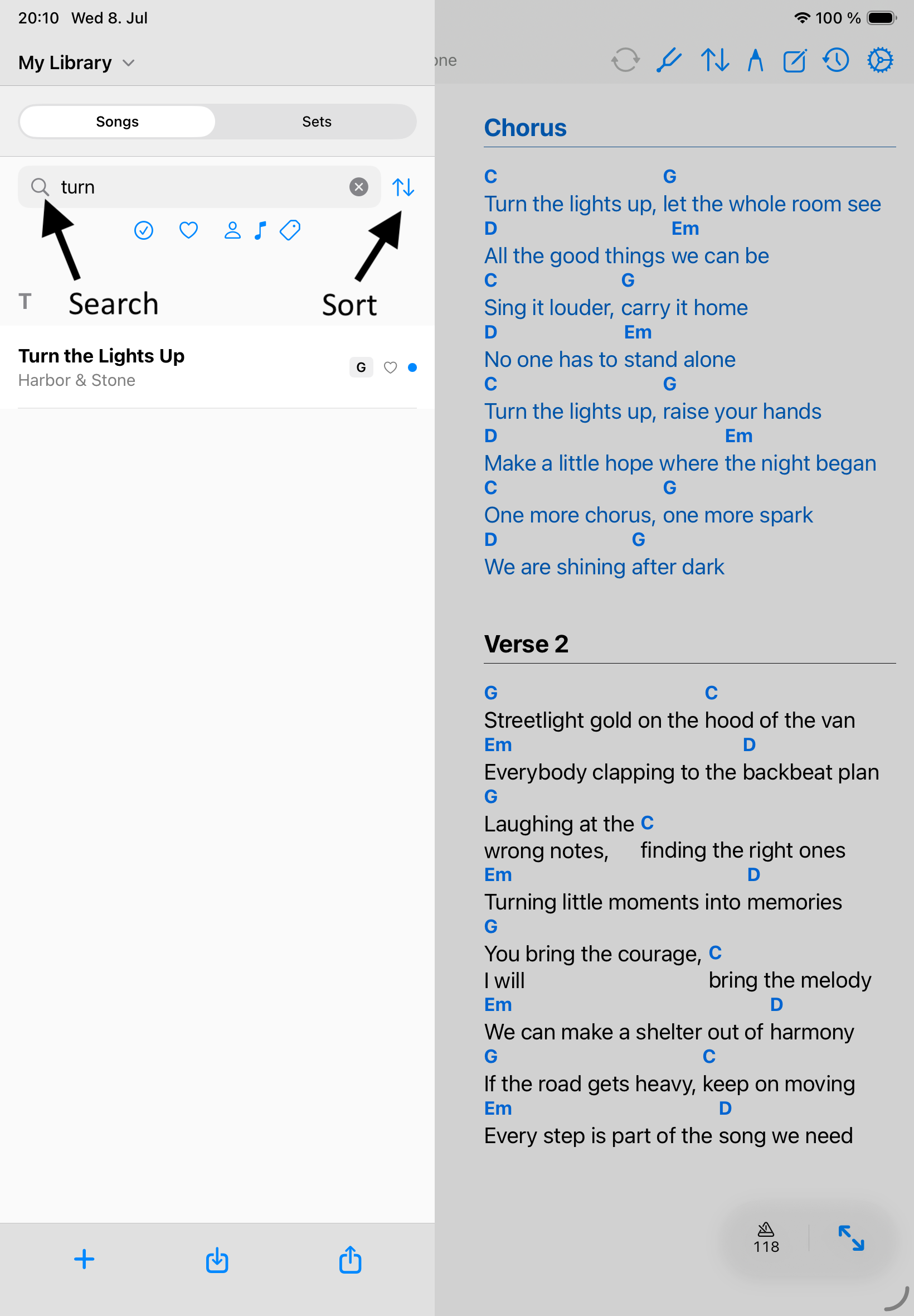 Songivo library panel with export action visible below the song list