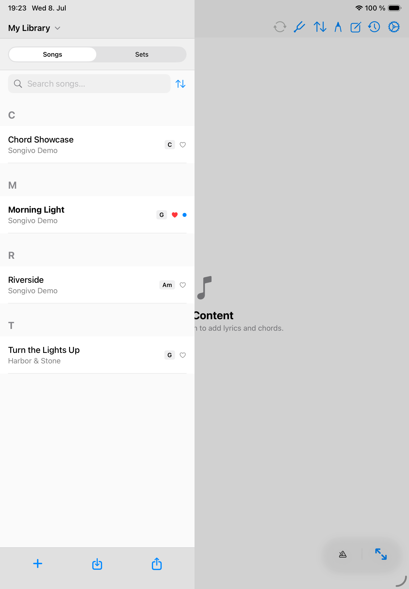 Songivo library with demo songs including Turn the Lights Up, Riverside, Morning Light, and Chord Showcase