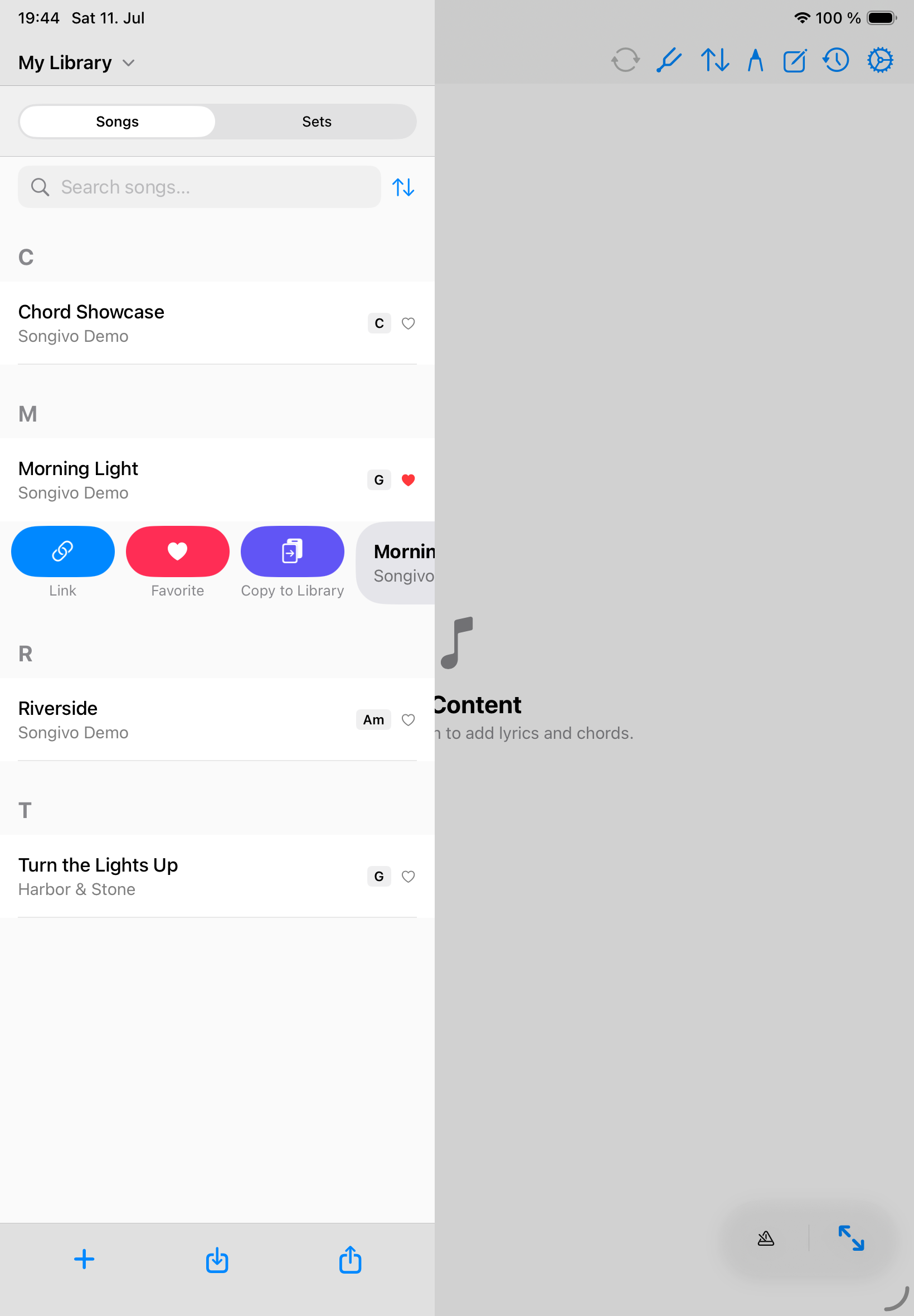 Songivo library with multiple demo songs available to link