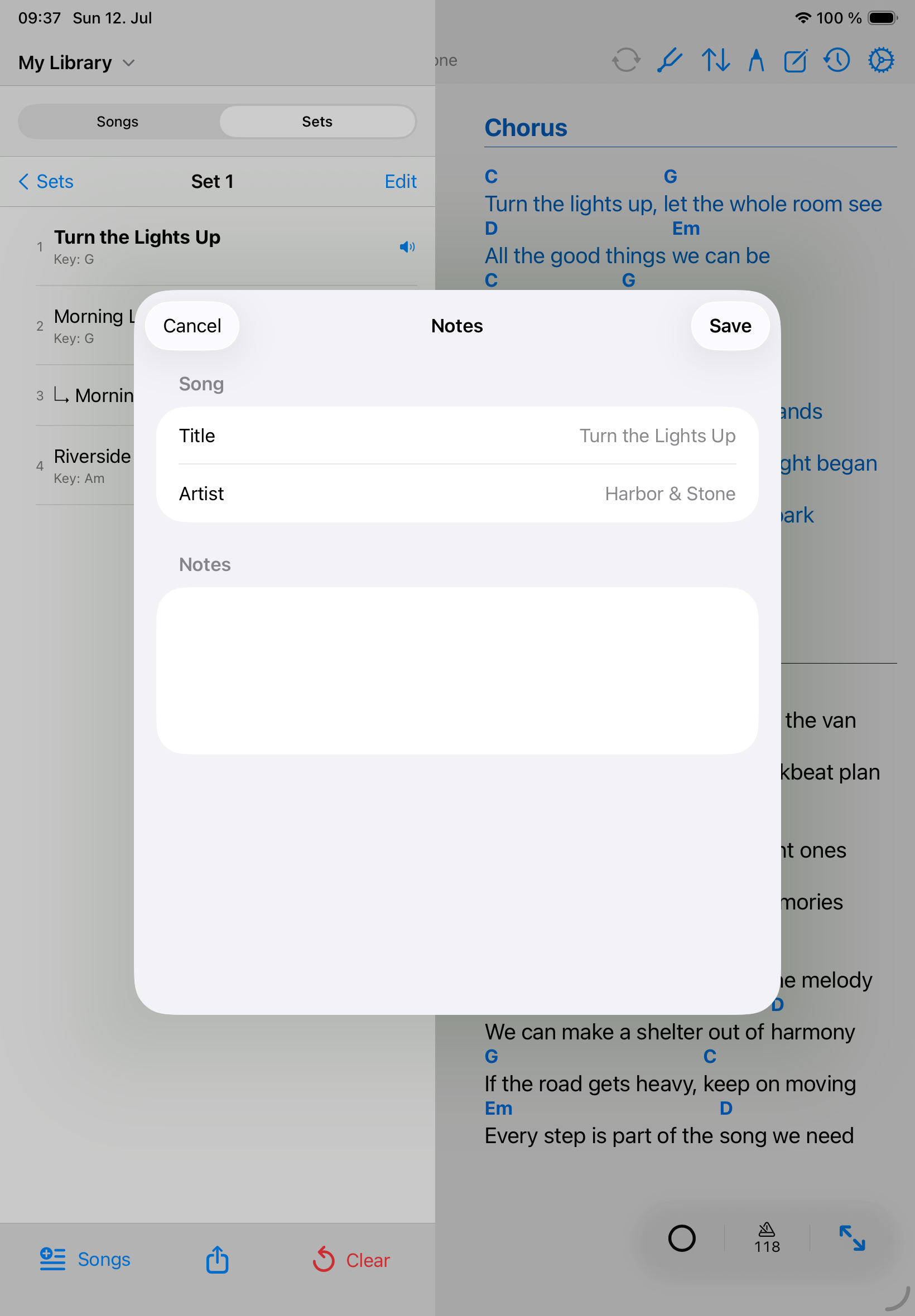 Songivo library and song actions visible beside an open chart