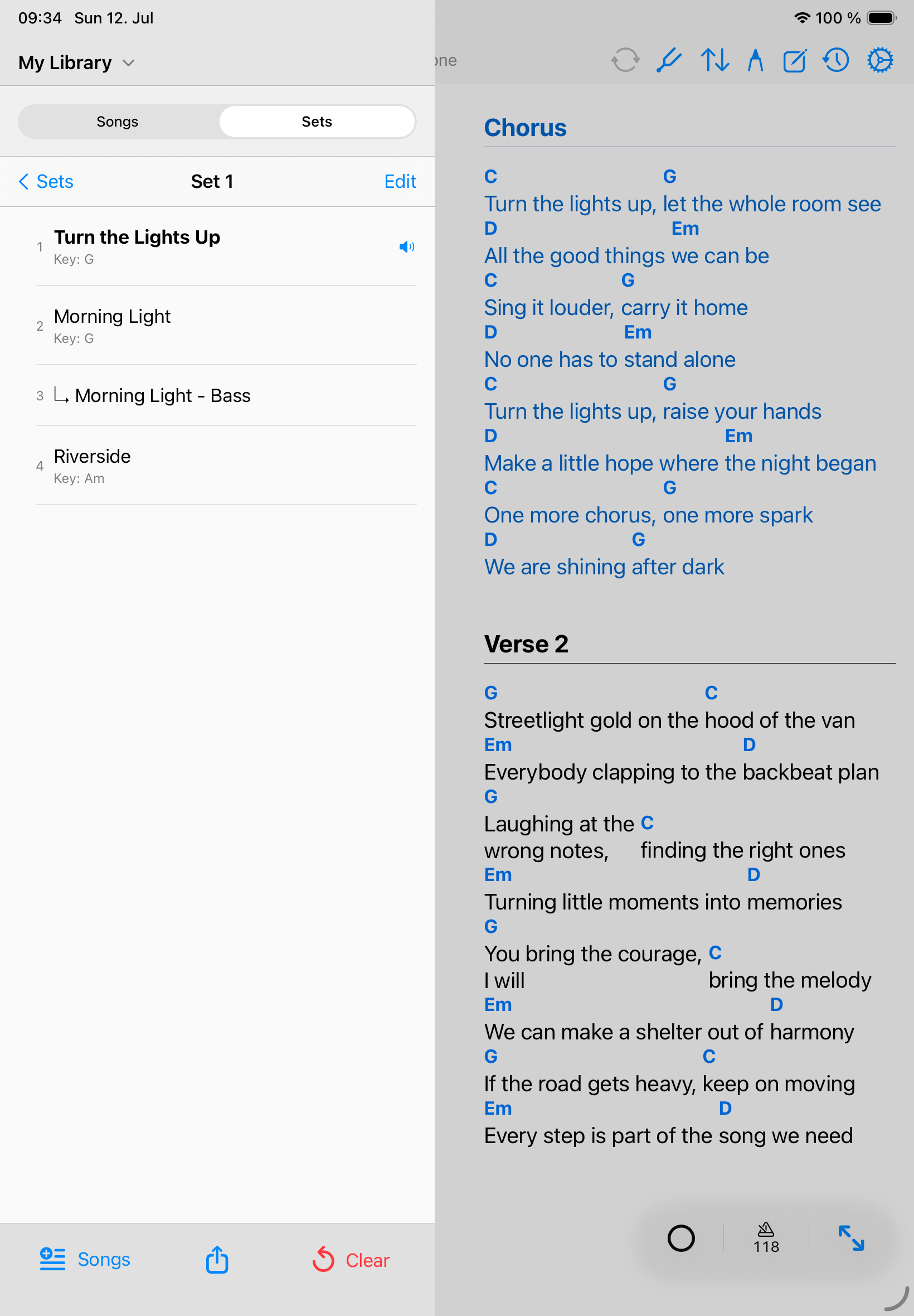 Songivo setlist named Summer Rehearsal with three demo songs and share controls