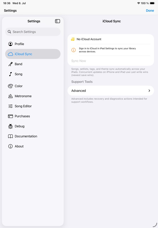 Songivo Settings sidebar with iCloud Sync detail visible