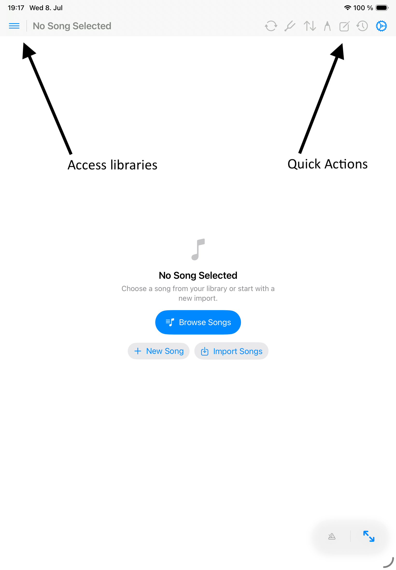 Songivo start screen with no song selected and actions for browsing, creating, and importing songs