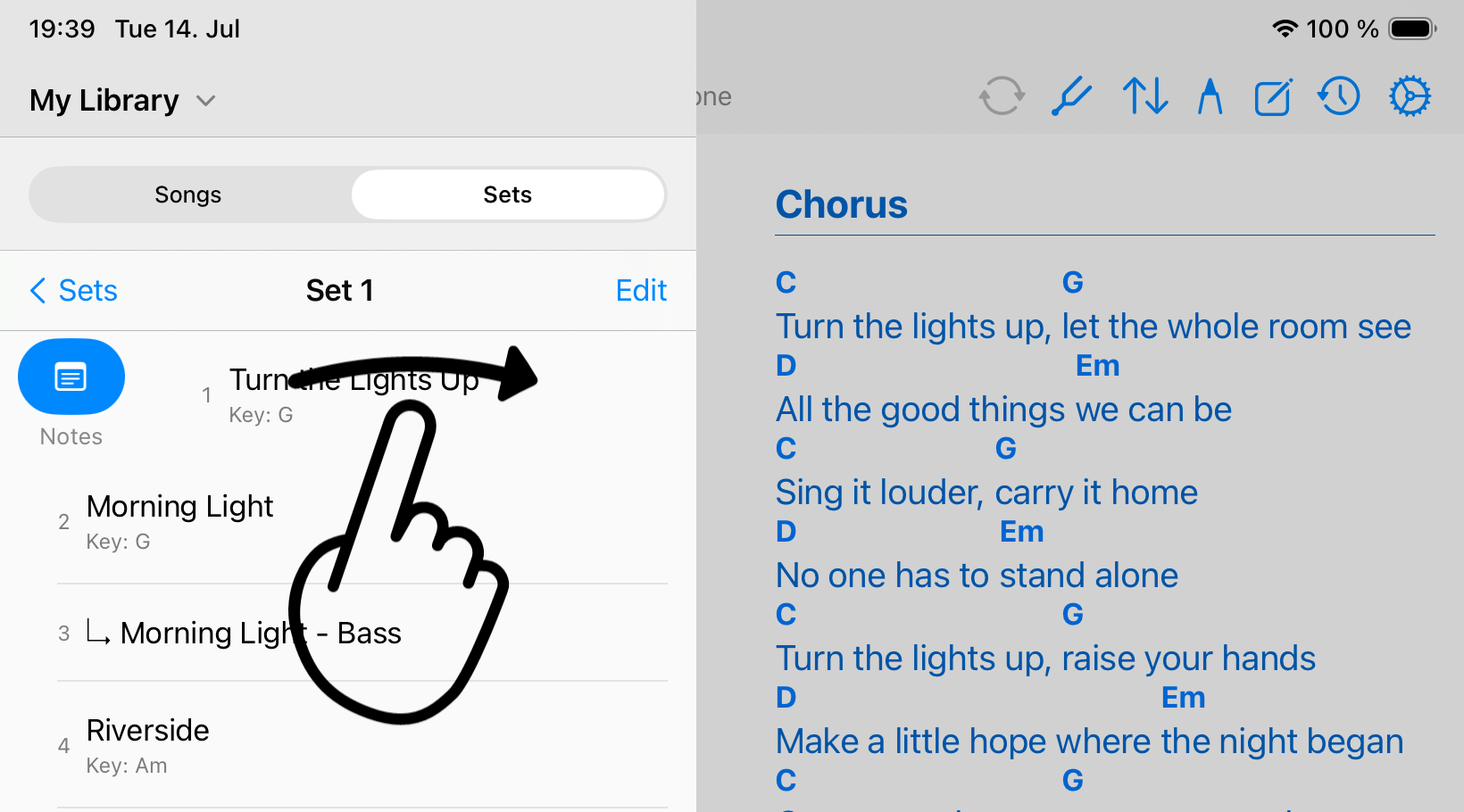 Swipe right on a setlist song