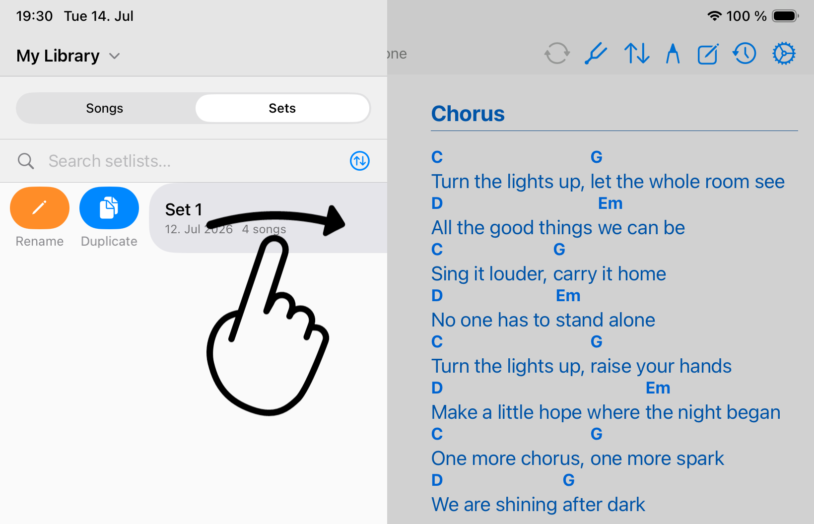 Swipe right on a setlist