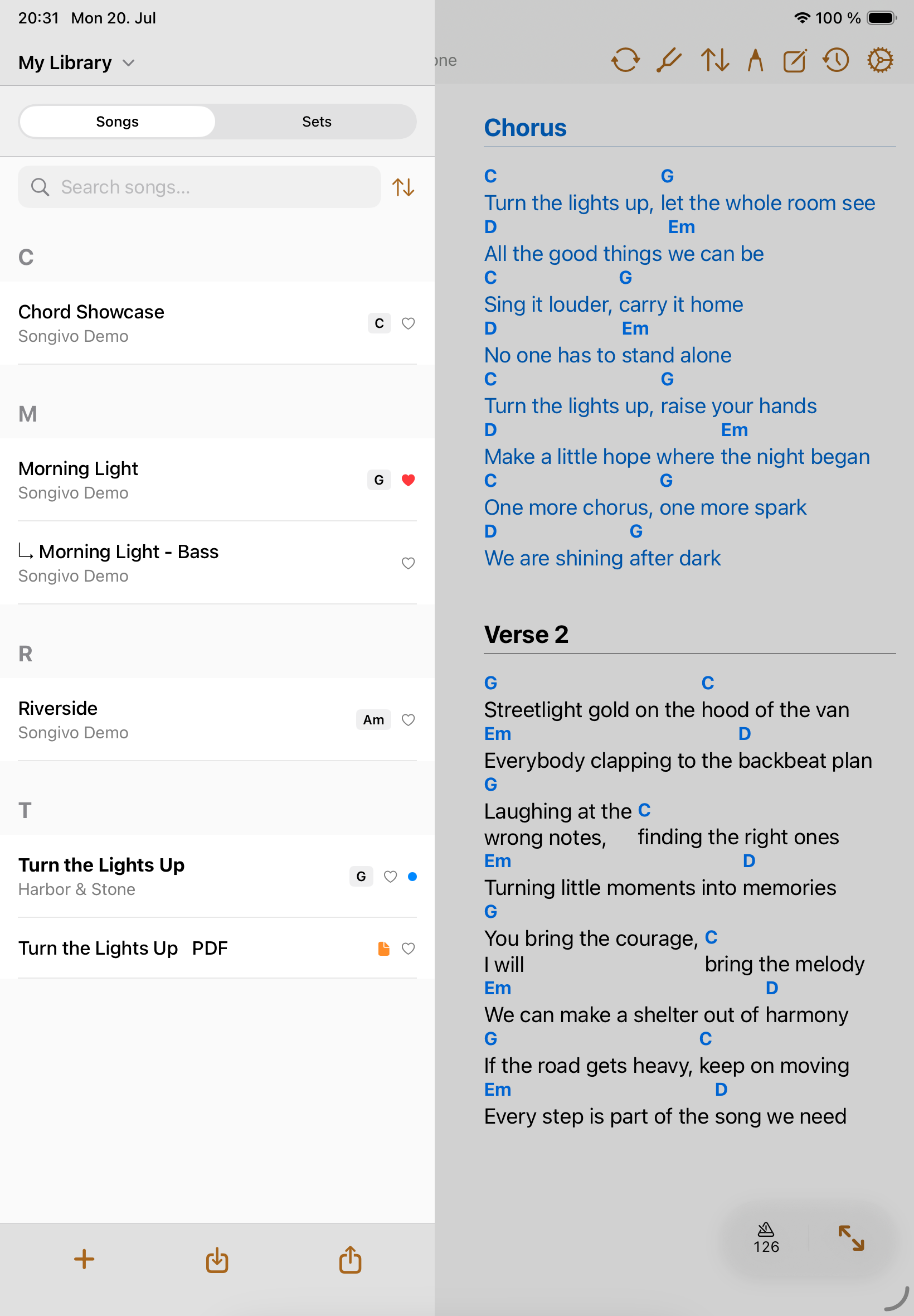 Songivo on iPad with a loaded song, song list, and performance controls visible.